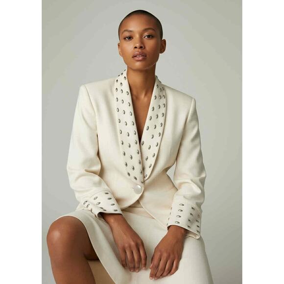 Vintage Chetta B Cream Skirt Suit Silver Grommet Trim Power Blazer & Skirt Sz 8 - Picture 1 of 8